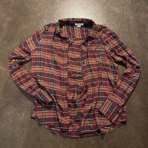 Beachlunchlounge Flannel Shirt Maroon, Orange and Black Plaid Long Sleeve